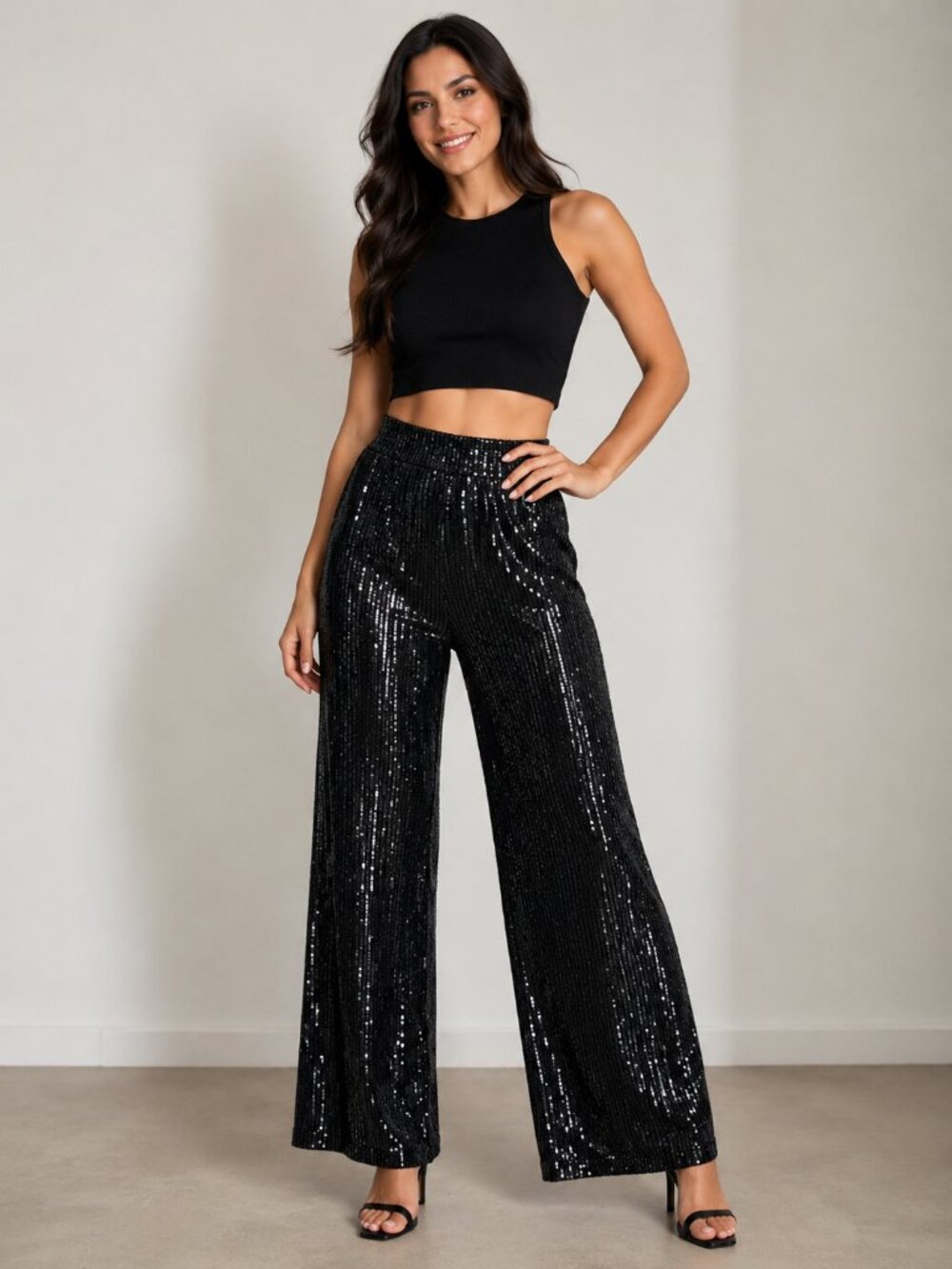 Black Sequin Wide Leg Party Pants Elastic Waist Glam Evening Size PM